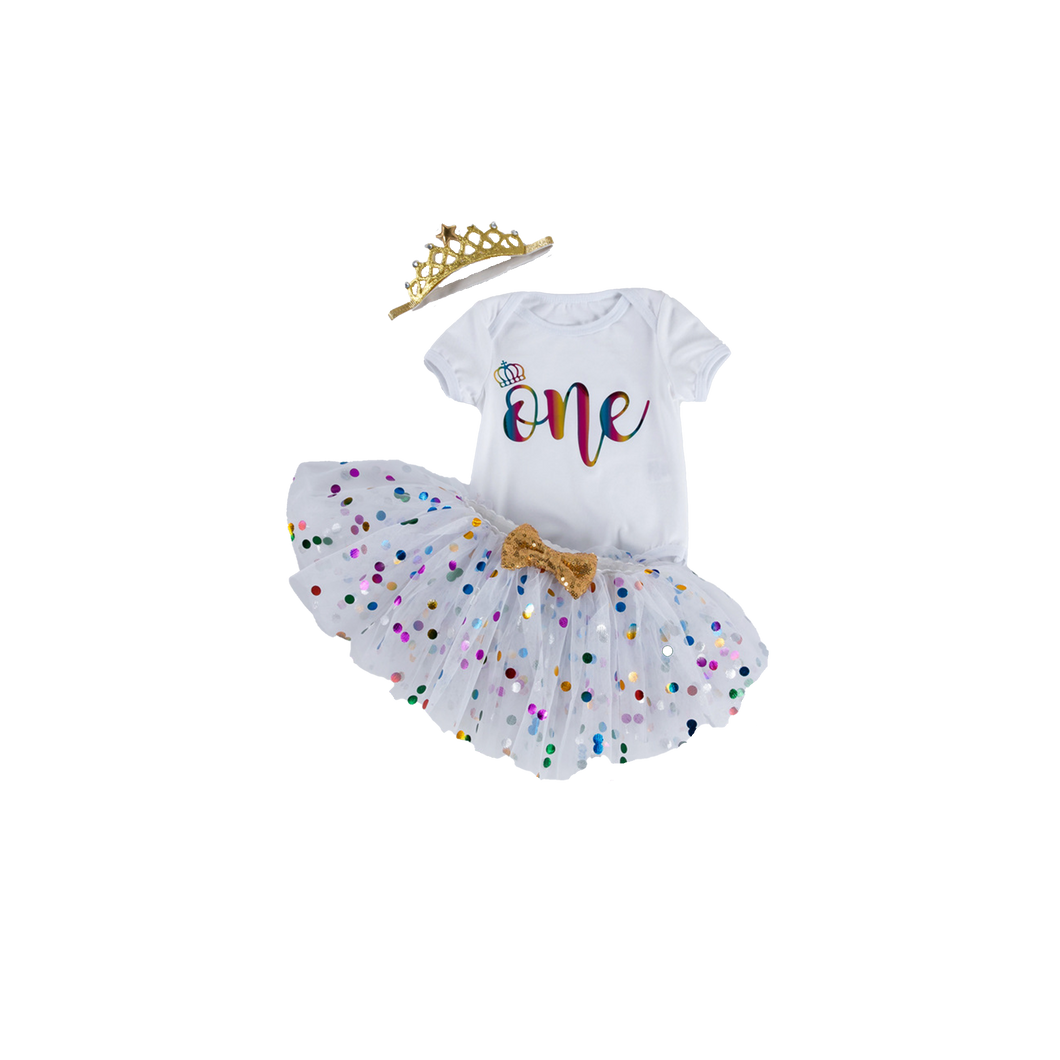 1st First Birthday Outfit Set for Baby & Toddlers in White Confetti Princess Crown includes tutu skirt & headband