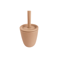 Load image into Gallery viewer, Silicone Cup With Silicone Straw and Silicone Lid in Almond Tan for Bubs Playground &amp; Bubs Eats  Edit alt text
