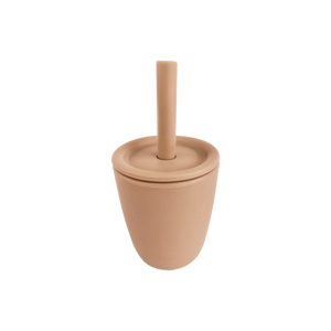 Silicone Cup With Silicone Straw and Silicone Lid in Almond Tan for Bubs Playground & Bubs Eats  Edit alt text