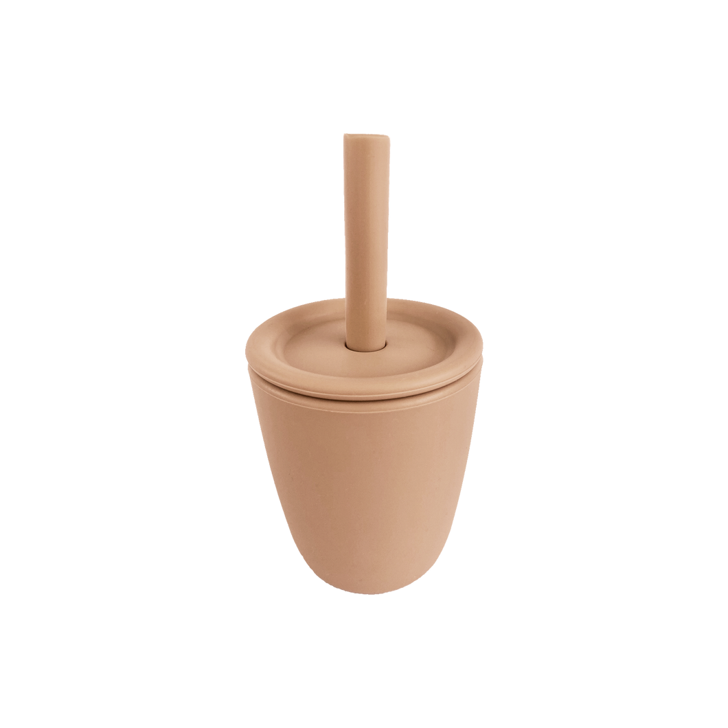 Silicone Cup With Silicone Straw and Silicone Lid in Almond Tan for Bubs Playground & Bubs Eats  Edit alt text