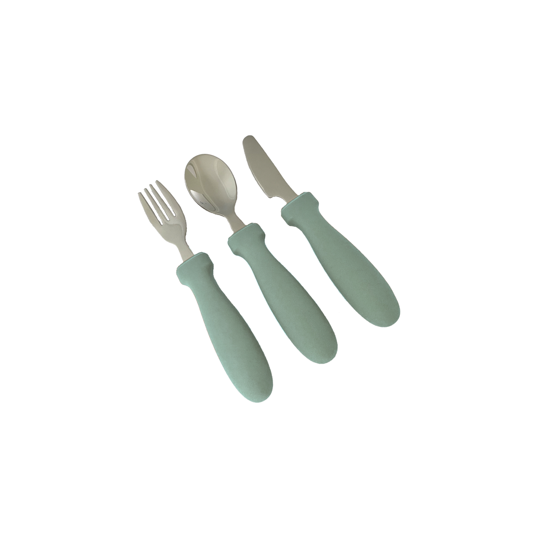 Bubs Playground's silicone stainless steel cutlery set includes spoon, fork & knife in Forest Green. Best for training & learning for toddlers & kids transitioning into adult cutlery!