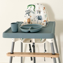 Load image into Gallery viewer, Bubs Playground bamboo highchair footrest with Zoo Animals cushion cover &amp; Ocean Blue placemat &amp; feeding silicone set
