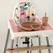 Load image into Gallery viewer, Bamboo adjustable highchair footrest with Spring Florals cushion cover &amp; Apricot/Almond silicone feeding set
