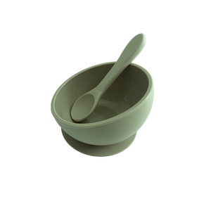 Silicone Suction Bowl & Silicone Spoon in Forest Green from Bubs Playground and Bubs Eats  Edit alt text