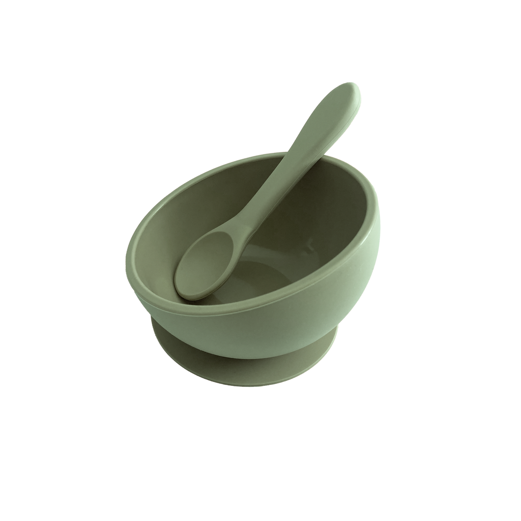 Silicone Suction Bowl & Silicone Spoon in Forest Green from Bubs Playground and Bubs Eats  Edit alt text