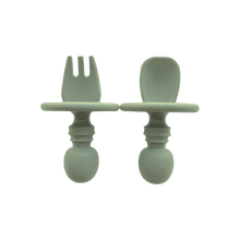 Load image into Gallery viewer, Silicone Spoon &amp; Silicone Fork in Forest Green from Bubs Playground and Bubs Eats
