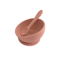 Load image into Gallery viewer, Silicone Suction Bowl &amp; Silicone Spoon in Sunrise Pink from Bubs Playground and Bubs Eats
