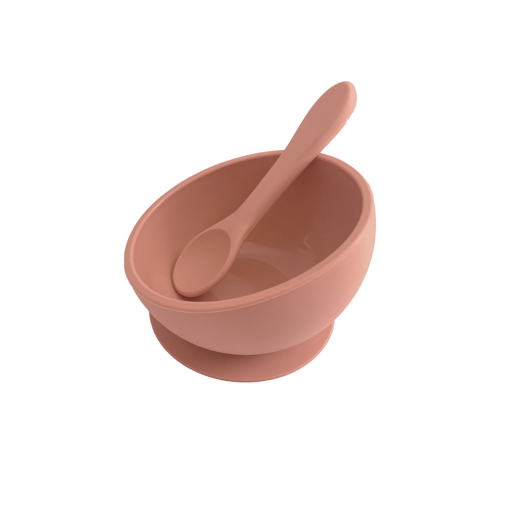 Silicone Suction Bowl & Silicone Spoon in Sunrise Pink from Bubs Playground and Bubs Eats